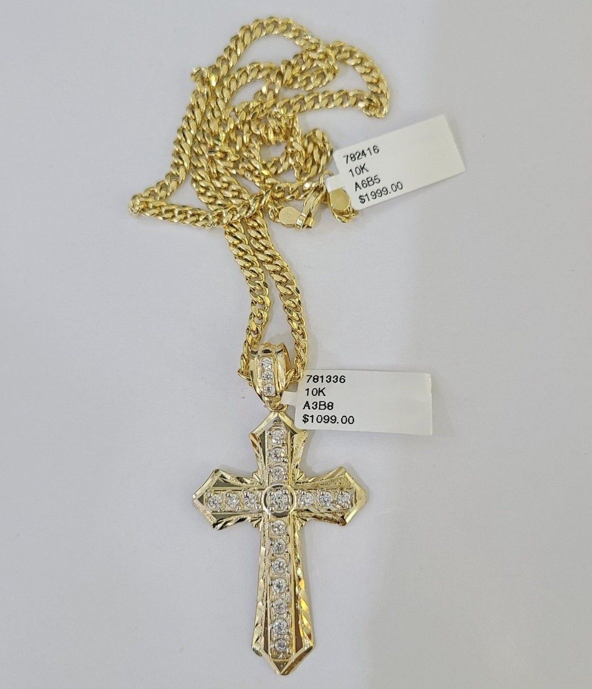 Real 10k Yellow Gold Chain Cross Charm Pendant Set Miami Cuban Link Necklace 4mm - GoldenlinQ
